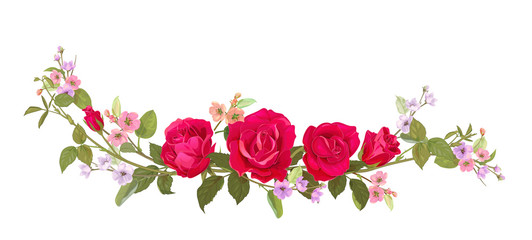 Panoramic view: bouquet of roses, spring blossom. Horizontal border: branches red flowers, buds, green leaves, white background. Digital draw illustration in watercolor style, vintage, vector
