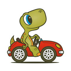 Vector colored baby dinosaur in red car. Isolated on white background.