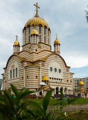 Fototapeta na wymiar Cathedral with golden domes is landmark of Fagaras