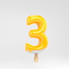 Ice cream number 3. Yellow popsicle alphabet. 3d rendered dessert lettering isolated on white background.