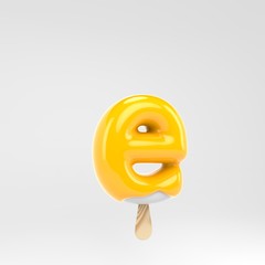 Ice cream letter E lowercase. Yellow popsicle alphabet. 3d rendered dessert lettering isolated on white background.