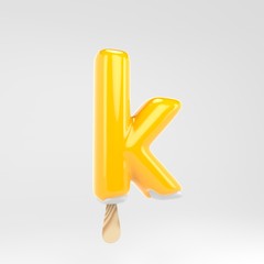 Ice cream letter K lowercase. Yellow popsicle alphabet. 3d rendered dessert lettering isolated on white background.