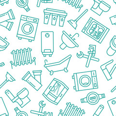 Plumbing service vector seamless pattern with flat line icons of house bathroom equipment, faucet toilet, washing machine, dishwasher. Plumber repair illustration, thin linear signs, handyman service