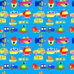 Baby children seamless pattern with cars, planes, locomotives, rockets and other transportation. Watercolor texture, hand painted.