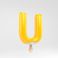 Ice cream letter U uppercase. Yellow popsicle alphabet. 3d rendered dessert lettering isolated on white background.
