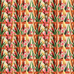 Watercolor marsh plants and herbs and flowers seamless pattern