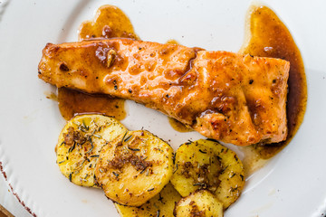 Grilled Salmon with Honey Glaze, Burnt Butter and Baked Potatoes.