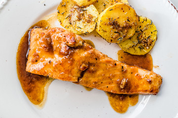 Grilled Salmon with Honey Glaze, Burnt Butter and Baked Potatoes.