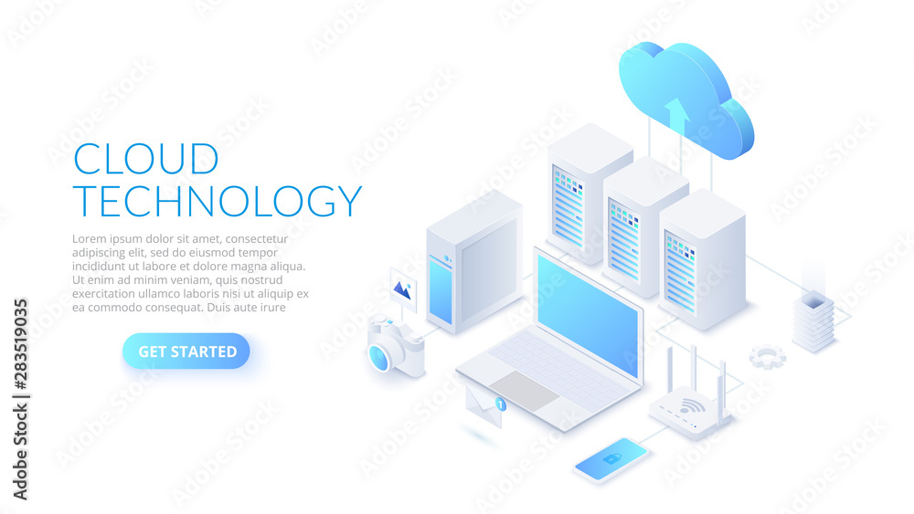 Poster isometric cloud technology with datacenter, laptop and other devices. web hosting concept.