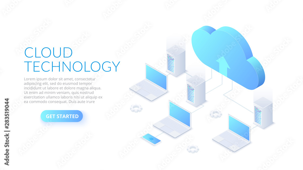Poster Isometric cloud technology with datacenter and laptops. Web hosting concept. Landing page template.