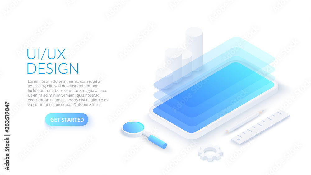 Aufkleber UX / UI isometric design concept with smartphone. Landing page template. Mobile app or website wireframe.