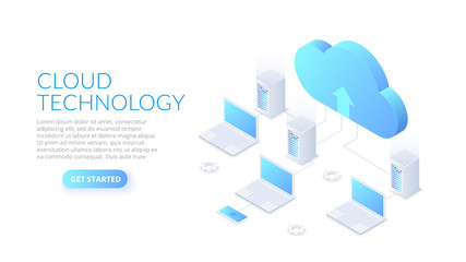 Isometric cloud technology with datacenter and laptops. Web hosting concept. Landing page template. - obrazy, fototapety, plakaty