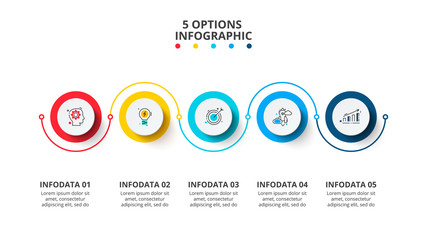 Thin lines with white circles for infographic. Business template for presentation. Vector concept with 5 options or steps.
