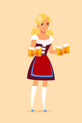 Waitress carrying beer mugs in pub vector illustration
