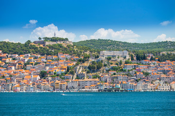 City of Sibenik on the Adriatic coast in Dalmatia, Croatia, panoramic view from the sea