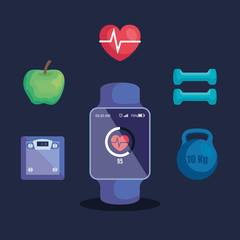 set of smartwatch with apple and heartbeat with dumbbells