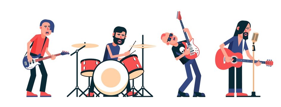 Rock band musicians characters isolated set. Vector illustration.