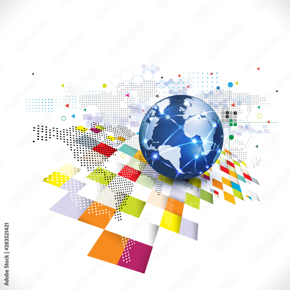 Sticker world with abstract futuristic graphic template for communication tech and business concept, vector 