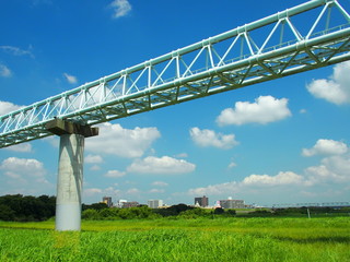 江戸川に架かるガス導管と夏の河川敷風景