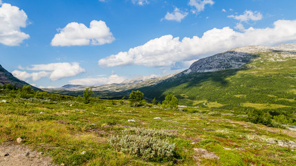 Fototapeta na wymiar View from viewpoint Vargabakkane along the National Scenic route Aurlandsfjellet between Aurland and Laerdal in Norway.