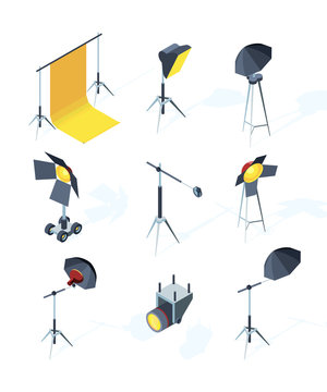 Studio equipment isometric. Photo or tv production tools spotlights softbox directional light umbrella tripod vector pictures. Illustration of screen projector, softbox and lightning for studio