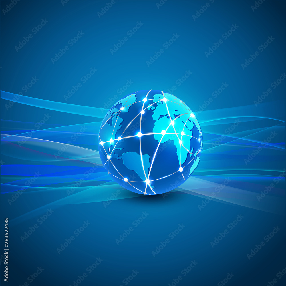 Poster futuristic world network communication and technology concept on motion flow background, vector back