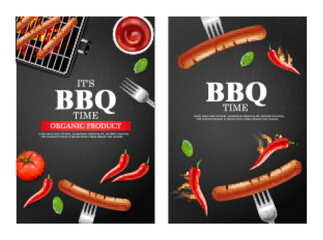 Bbq grill party banners set Vector realistic. Vertical menu brochure template hot sausage. Hot sauce chily and tomato. 3d illustration food isolated