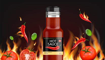 Hot chili sauce fire background vector realistic. Product placement mock up bottle. Label design advertise 3d illustrations