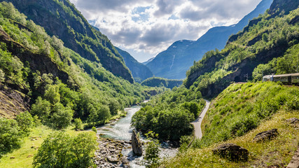 Fototapeta na wymiar View from the most beautiful train journey Flamsbana between Flam and Myrdal in Aurland in Western Norway