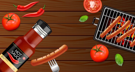 Bbq grill and sauce Vector realistic. Grill sausage menu brochure template. Hot sauce chily and tomato. 3d illustration food isolated