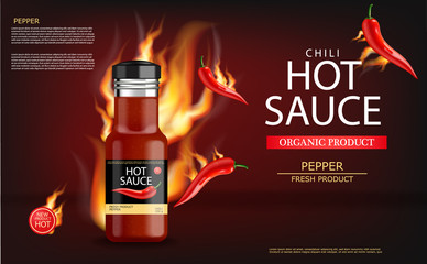Hot chili sauce on fire vector realistic. Product placement mock up bottle. Label design advertise 3d illustrations