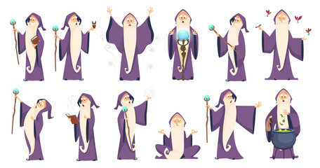 Wizard. Mysterious male magician in robe spelling oldster merlin vector cartoon characters. Sorcerer character in costume, spell magician, witchcraft and magical illustration - obrazy, fototapety, plakaty