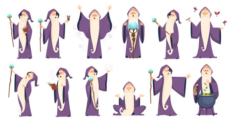 Wizard. Mysterious male magician in robe spelling oldster merlin vector cartoon characters. Sorcerer character in costume, spell magician, witchcraft and magical illustration