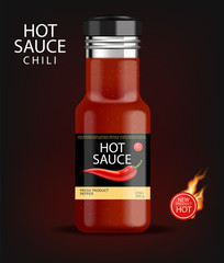 Hot chilli sauce vector isolated realistic. Product placement mock up bottle. Label design advertise 3d illustrations
