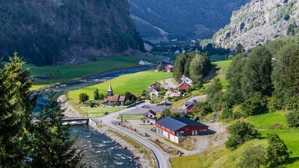 View on little village from the most beautiful train journey Flamsbana between Flam and Myrdal in Aurland in Western Norway