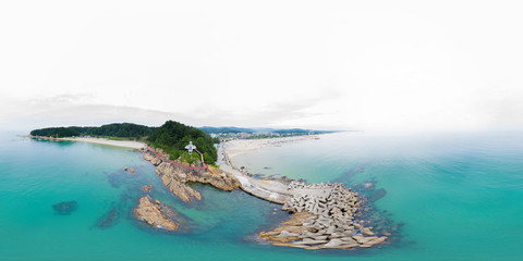 Donghae, South Korea 6 August 2019: 360 degrees spherical panorama with beautiful beach. Drone shot of beach and island. VR content..