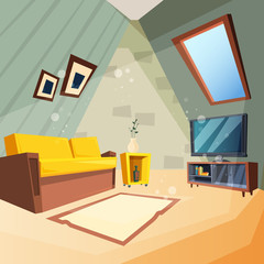 Attic. Bedroom for kids interior of attic room corner with window on ceiling vector picture in cartoon style. Illustration of cabinet interior with couch furniture