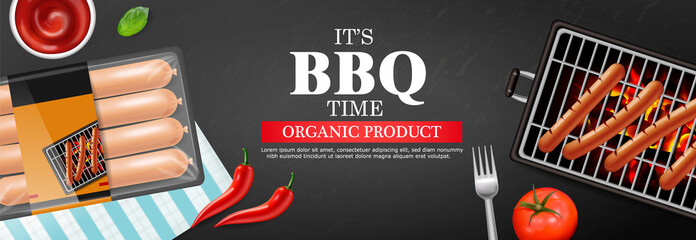 Bbq grill hot dog Vector realistic. Banner tasty menu brochure template hot sausages. 3d illustration foods
