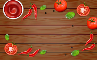 Chili and tomato on wood table Vector realistic. Hot sauce ingredients layout template. Menu brochure advertise posters