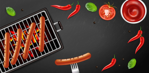 Bbq grill hot dog Vector realistic. Banner tasty menu brochure template hot sausages. 3d illustration foods