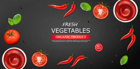 Chili and tomato Vector realistic. Hot sauce ingredients layout template. Menu brochure advertise posters