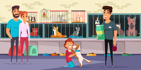 Family adopting puppy flat vector illustration