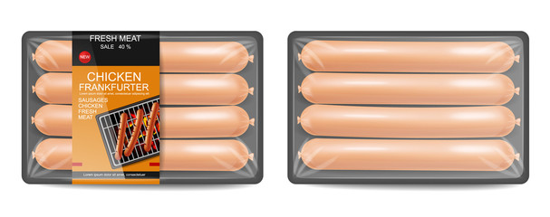 Sausage pack Vector realistic. Product placement label design. Uncooked food serving . 3d illustrations