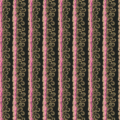 Modern striped vector seamless pattern. Abstract pink and beige stripes and golden curls. Luxury black background. Template for design, textile, clothing, ceramic tile, wallpaper, wrapping.