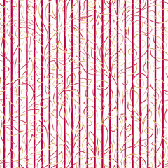 Baroque style striped vector seamless pattern. Hand drawn crimson with gold contours of flowers, leaves and stripes on white background. Luxury template for design, textile, ceramic tile, walpaper.