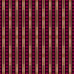 Luxury geometric striped vector seamless pattern. Golden colored and black stripes on dark crimson background. Sumptuous checkered template for design, ceramics, walpaper.