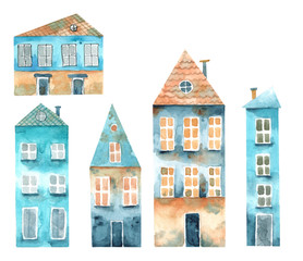cute vintage european watercolor houses set of isolated illustrations