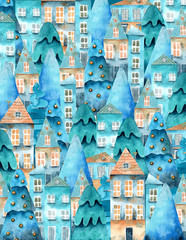 watercolor fairytale illustration background with old houses and Christmas trees for the new year for children's books