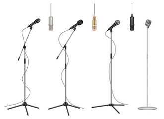 Mic stand. Realistic music microphones sound studio professional equipment vector pictures collection. Mic audio for studio, stand microphone to concert illustration - obrazy, fototapety, plakaty
