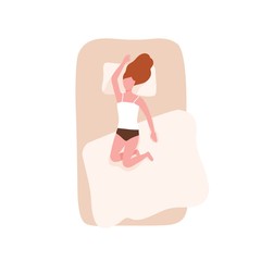 Redhead woman sleeping on her back on comfortable bed. Female character relaxing during night slumber. Young girl napping on cozy mattress in bedroom. Top view. Flat cartoon vector illustration.